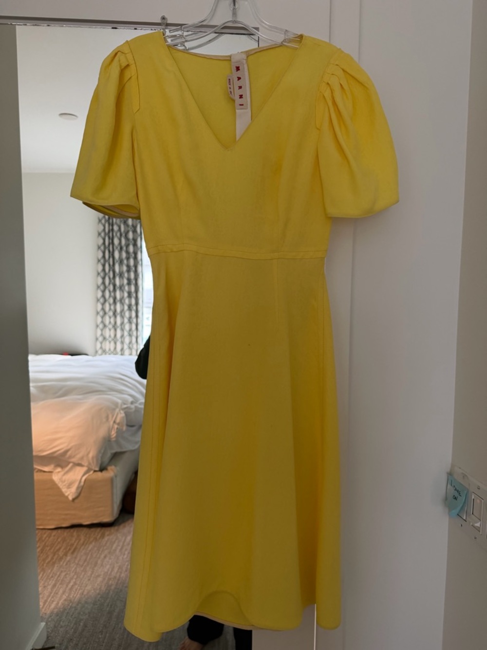 Marni Canary Yellow V-Neck Midi Dress with Puff Sleeves